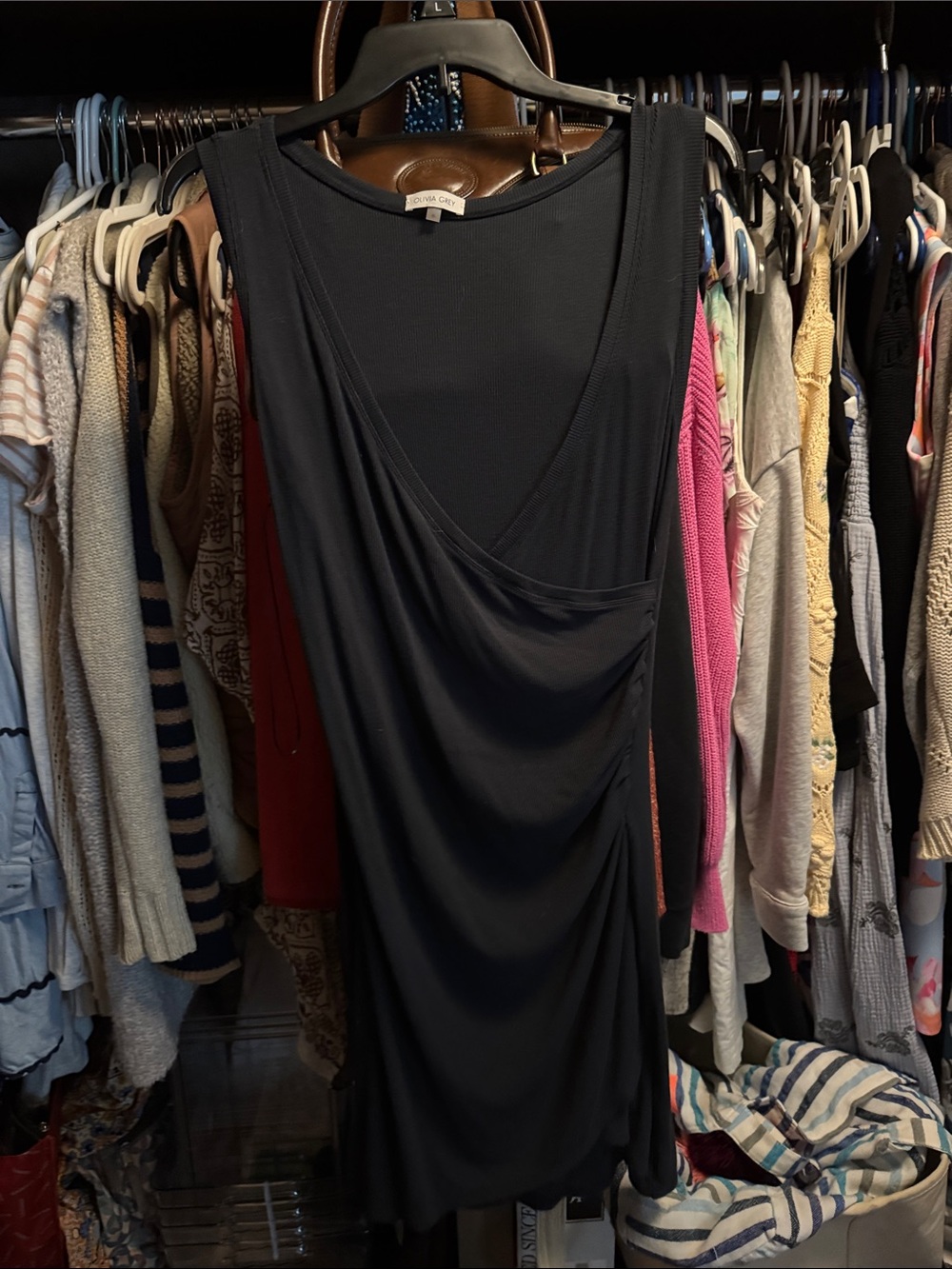 Ribbed wrap front Black Draped Women's Dress